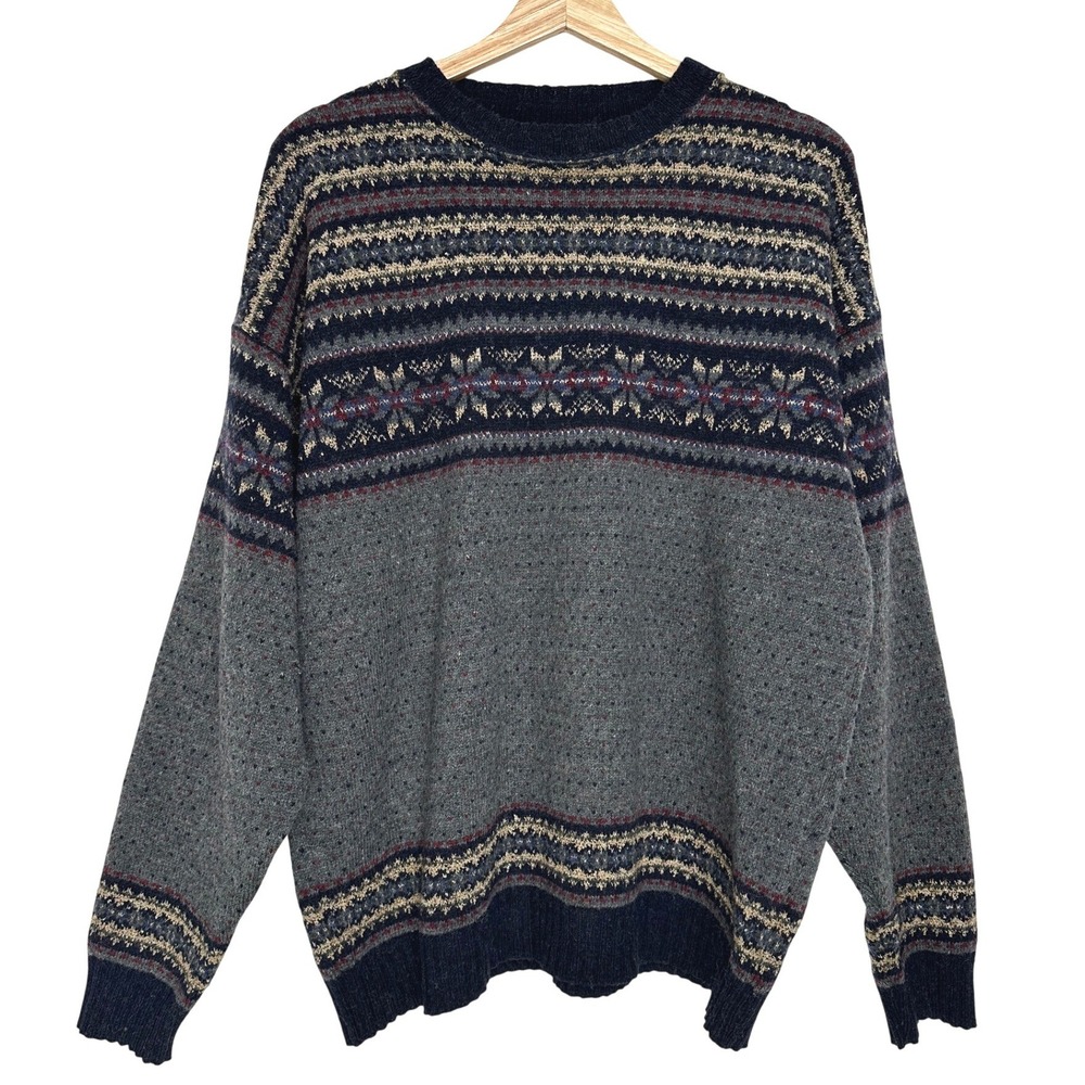 Vintage Pendleton Wool Fair Isle Crew Neck Sweater Gray Navy Blue L